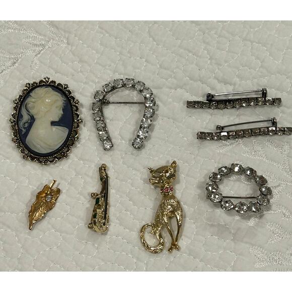 American Vintage Jewelry - Lot 8 VTG Brooches Pins Cameo Violin Cat Leaf Rhinestone Lucky Horseshoe Event